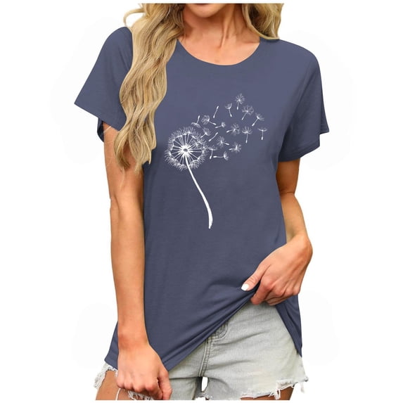 JTZGDY Summer Tops for Women Cute Floral Printed Short Sleeve Crewneck Graphic T-Shirts Loose Soft Cotton Basic Tunic Blouse A#07-Dark Blue L