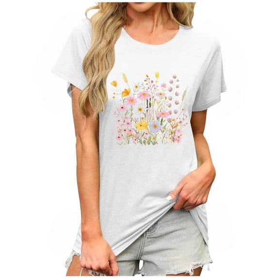JTZGDY Summer Tops for Women Cute Floral Printed Short Sleeve Crewneck Graphic T-Shirts Loose Soft Cotton Basic Tunic Blouse A#08-White M