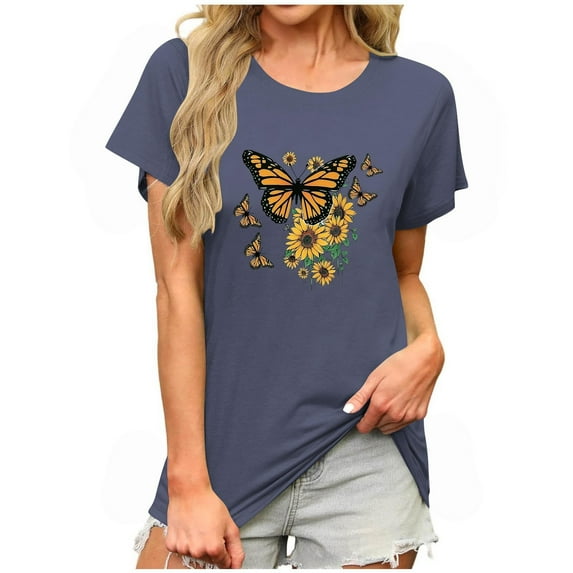 JTZGDY Summer Tops for Women Cute Floral Printed Short Sleeve Crewneck Graphic T-Shirts Loose Soft Cotton Basic Tunic Blouse A#14-Dark Blue XXL