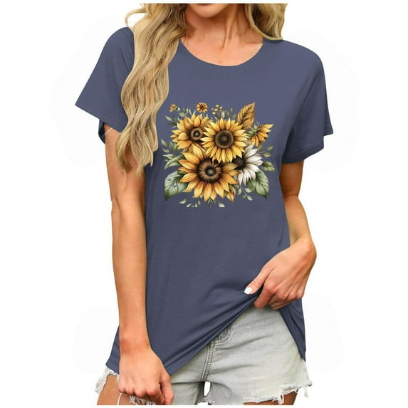 JTZGDY Summer Tops for Women Cute Floral Printed Short Sleeve Crewneck Graphic T-Shirts Loose Soft Cotton Basic Tunic Blouse A#17-Dark Blue S