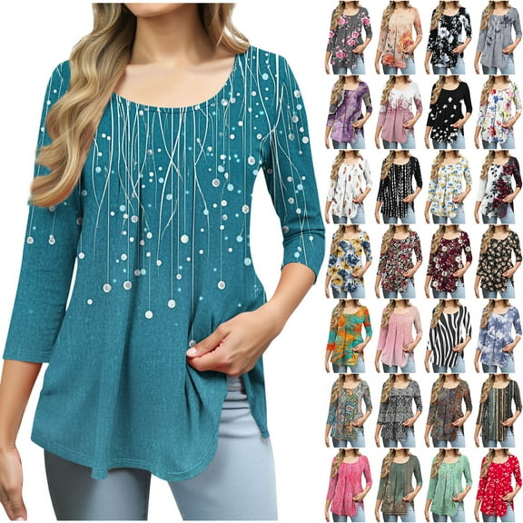JTZGDY Summer Tunic Tops for Women Dressy Casual 2025 Fashion 3/4 Lenght Sleeve Floral Printed Ruched Pleated Crewneck Graphic T-Shirts Loose Fit Curvy Hem Blouse Blue S