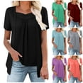 thumbnail image 1 of JTZGDY Summer Tunic Tops for Women to Hide Belly Fake Two Piece Short Sleeve Casual Solid Color V Neck Ruched Pleated T-Shirts Loose Flowy Layered Blouse for Leggings Purple L, 1 of 9