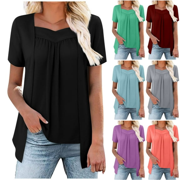 JTZGDY Summer Tunic Tops for Women to Hide Belly Fake Two Piece Short Sleeve Casual Solid Color V Neck Ruched Pleated T-Shirts Loose Flowy Layered Blouse for Leggings Light Blue XXL