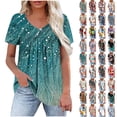 thumbnail image 1 of JTZGDY Summer Womens Floral T Shirts Vintage Printed Short Sleeve Pleated Dressy Casual V Neck Summer Graphic Tees Tops Loose Flowy Cozy Tunic Blouses Black#03 XL, 1 of 8