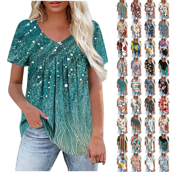 JTZGDY Summer Womens Floral T Shirts Vintage Printed Short Sleeve Pleated Dressy Casual V Neck Summer Graphic Tees Tops Loose Flowy Cozy Tunic Blouses Khaki#01 L
