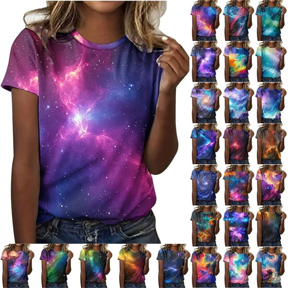 JTZGDY Summer Womens Girls Fashion T-Shirts Cute Tie Dye Starry Sky Print Short Sleeve Round Neck Graphic Tees Shirt Top Loose Overszied Comfy Tunic Blouse Multicolor#01 L