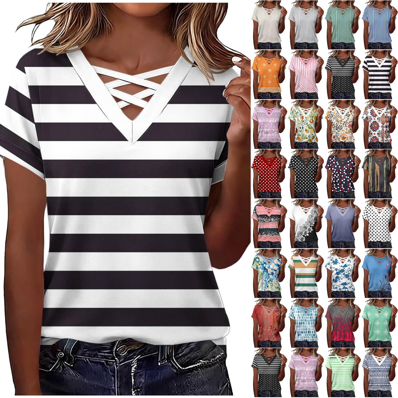 JTZGDY Summer Womens Tops Dressy Casual Summer Short Sleeve Criss Cross ...