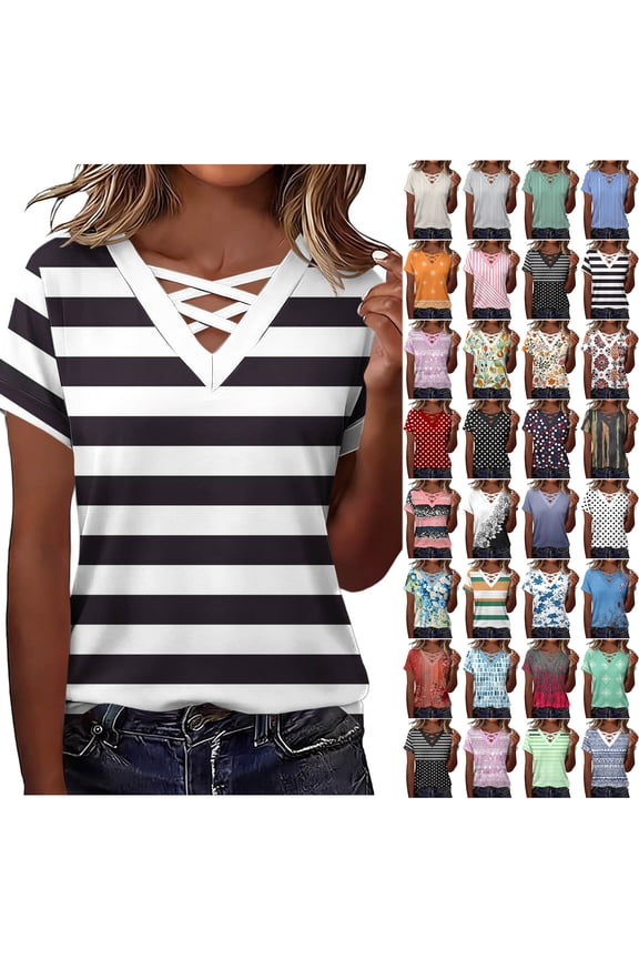 Summer Womens Tops Dressy Casual Summer Short Sleeve Criss Cross V Neck Tunic Blouse Cute Striped/Floral Printed Business Work Tees Shirt C-Blue#01 XL