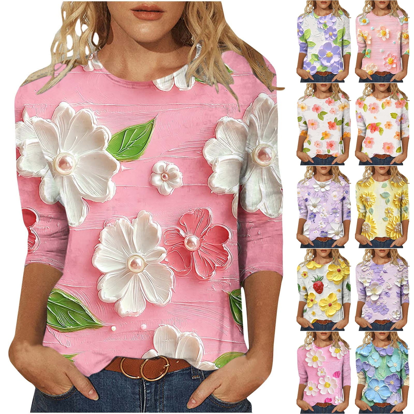 JTZGDY T-Shirts for Women Cute Flower Print Summer 3/4 Sleeve Crew