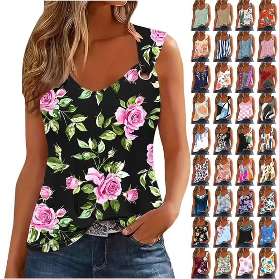 JTZGDY Tank Top for Women Loose Fit Trendy 2025 Sleeveless Shirts O-Ring Shoulder Basic Tunic Tees Spring Summer Casual V Neck Beach Tanks Clothes Red#02 S