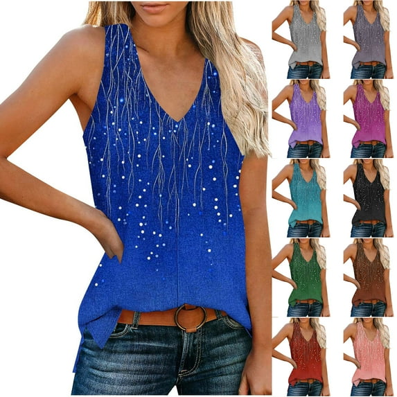 JTZGDY Tank Top for Women Cute Boho Floral Printed V Neck Summer Sleeveless Graphic T Shirt Tops Dressy Casual Loose Fit Cozy Tunic Blouses Blue S