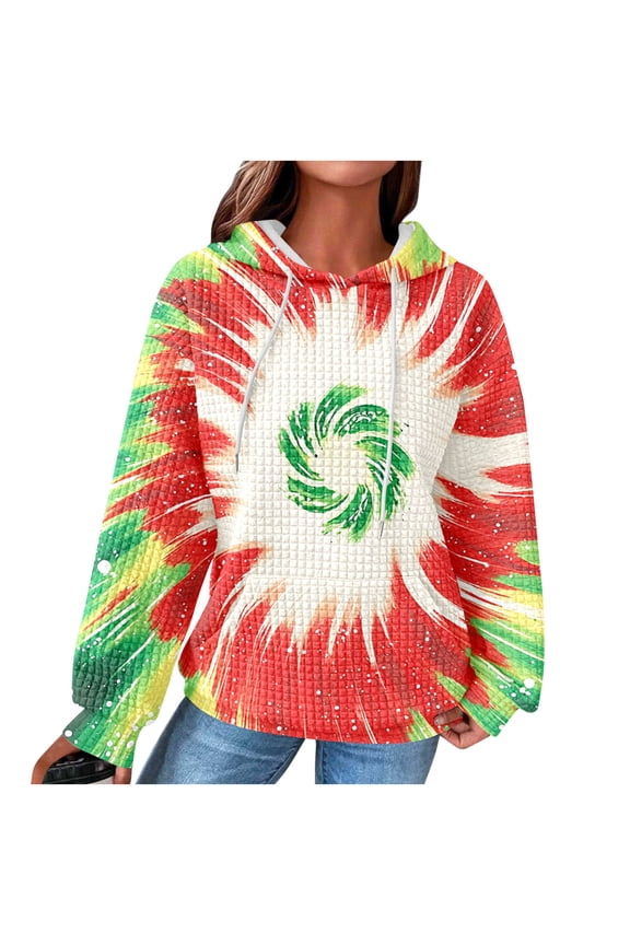 Tie Dye Hoodie Tops for Women Lightweight Casual Fall Long Sleeve Drawstring Hooded Pullover Sweatshirts Loose Oversized Athletic Y2K Bleached T-Shirts with Pockets Green L