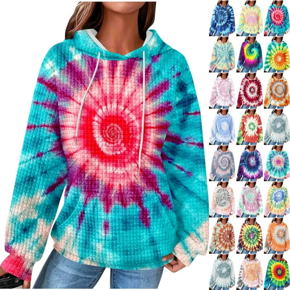 JTZGDY Tie Dye Hoodie Tops for Women Lightweight Casual Fall Long Sleeve Drawstring Hooded Pullover Sweatshirts Loose Oversized Athletic Y2K Bleached T-Shirts with Pockets Yellow#02 L