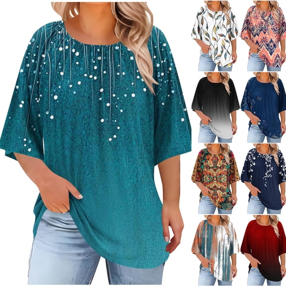JTZGDY Tops for Women Plus Size Boho Floral Printed Summer Short Sleeve Ruched Crew Neck Graphic T-Shirts Loose Oversized Casual Dressy Tunic Blouse Navy L