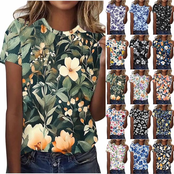 JTZGDY Tops for Women Plus Size Casual Floral Print Summer Short Sleeve Basic Crew Neck Graphic T-Shirts Loose Fit Oversized Dressy Pullover Blouse Multicolor#04 XXL