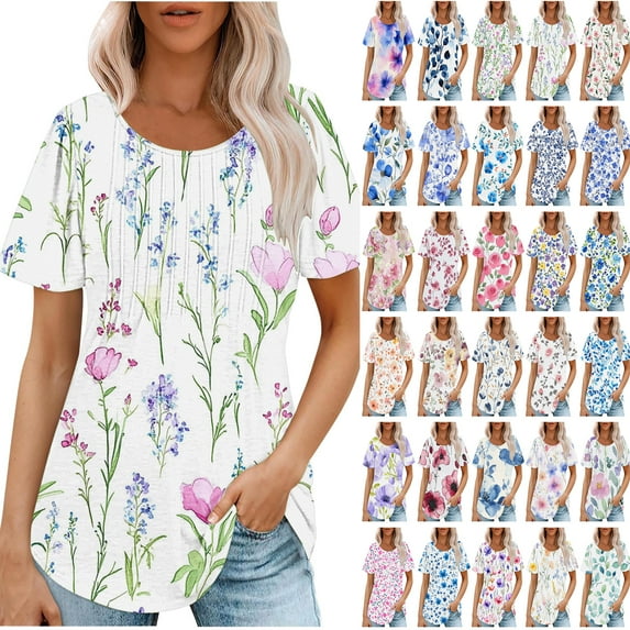JTZGDY Tunic Tops for Women Dressy Casual Summer Floral Print Short Sleeve Crewneck Basic Ruched Pelated T-Shirts Loose Fit Cozy Ladies Blouse Multicolor#14 XL