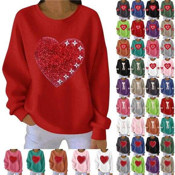 JTZGDY Valentine Day T-Shirts for Women Ribbed Knit Long Sleeve Crew Neck Cute Heart Print Pullover Sweatshirts Loose Fit Casual Graphic Holiday Tees Tops B-White L
