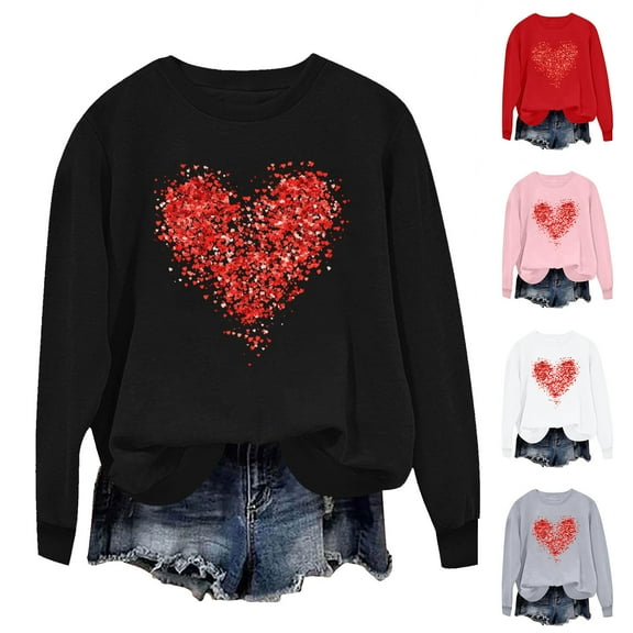 JTZGDY Valentines Day Heart Sweatshrits for Women Lightweight Casual Long Sleeve Oversized Crewneck Graphic Tshirt Loose Fit Pullover Tops White XS