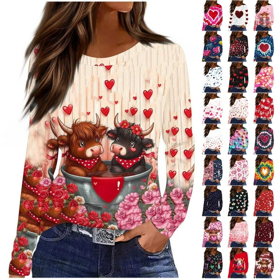 JTZGDY Valentines Day Sweatshirts for Women Funny Cute Love Heart Pattern Print Long Sleeve Holiday Season Pullover Tops Loose Oversized Casual Festival Graphic T-Shirts Black#01 S