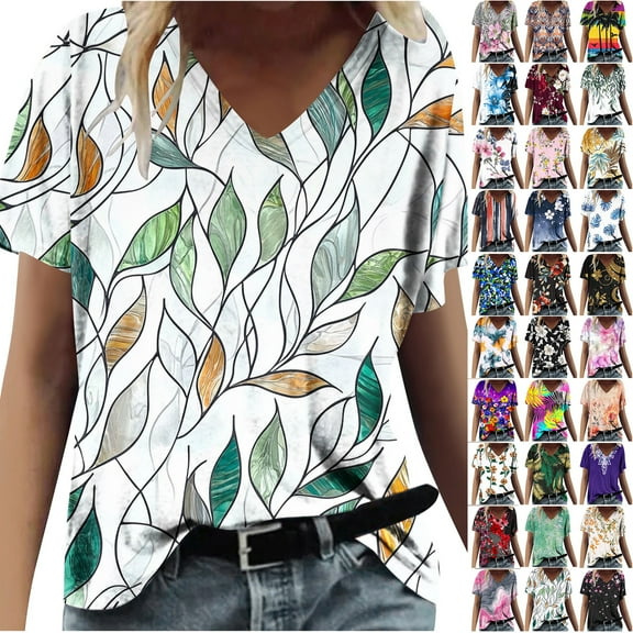 JTZGDY Vintage Floral Print Summer Tops for Women Casual Short Sleeve Oversized V Neck Graphic T-Shirts Loose Fit Comfy Beach Vacation Tunic Tees Shirt Blouse Black#04 L