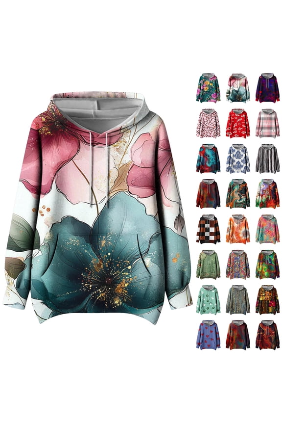 Vintage Floral Printed Hoodie Tops for Women Plus Size Casual Long Sleeve Drawstring Hooded Pullover Sweatshirts Loose Oversized Drop Shoulder Blouses with Pockets Pink#01 XXL