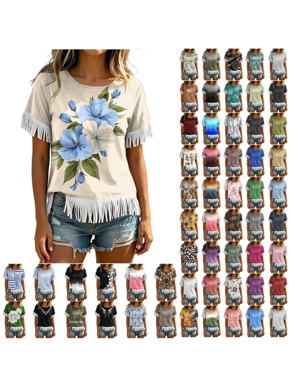 Vintage Fringed Patchwork Shirts for Women Trendy Summer Short Sleeve Boho Floral Printed Crew Neck Graphic T-Shirts Lightweight Cozy Tassles Tunic Blouse Loose Fit Pullover Tops