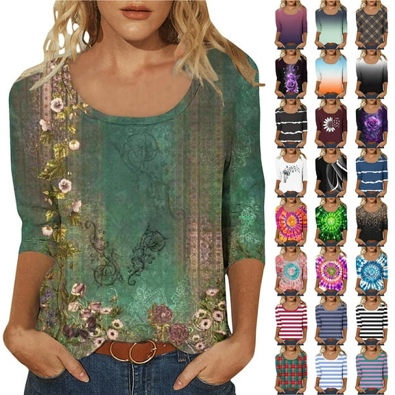 JTZGDY Western Shirts for Women Cute Floral/Striped/Tie Dye Bleached Printed Summer 3/4 Length Sleeve U-Neck Basic Tees Tops Trendy Oversized Comfy Tunic Tshirt Blouse Multicolor#24 XXL