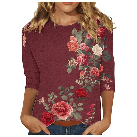JTZGDY Western Shirts for Women Dressy Casual Boho Floral Printed Summer 3/4 Lenght Sleeve Crew Neck Basic Tees Shirt Loose Fit Oversized Tunic Blouse Red#02 L