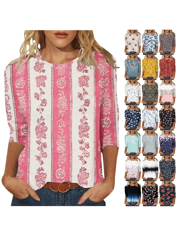 Western Shirts for Women Plus Size Boho Floral Printed Summer 3/4 Length Sleeve Crewneck Graphic T-Shirts Trendy Oversized Comfy Tunic Blouses Multicolor#14 XXL