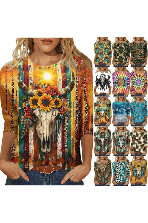 Western Shirts for Women Plus Size Ethnic Style Tops Plus Size 3/4 Lenght Sleeve Vintage Bleached Crewneck Tunic Tees Loose Oversied Graphic Tshirt Tops Multicolor#12 XXXXL