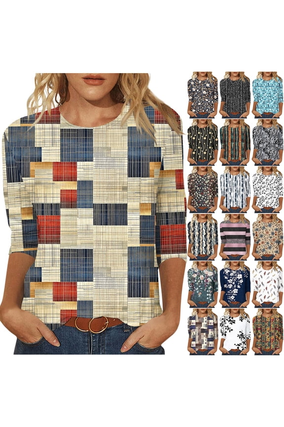 Western Shirts for Women Plus Size Vintage Ethnic Floral Print Summer 3/4 Lenght Sleeve Crewneck Graphic Tunic Tees Loose Oversized Casual Dressy Blouses Light Blue XL