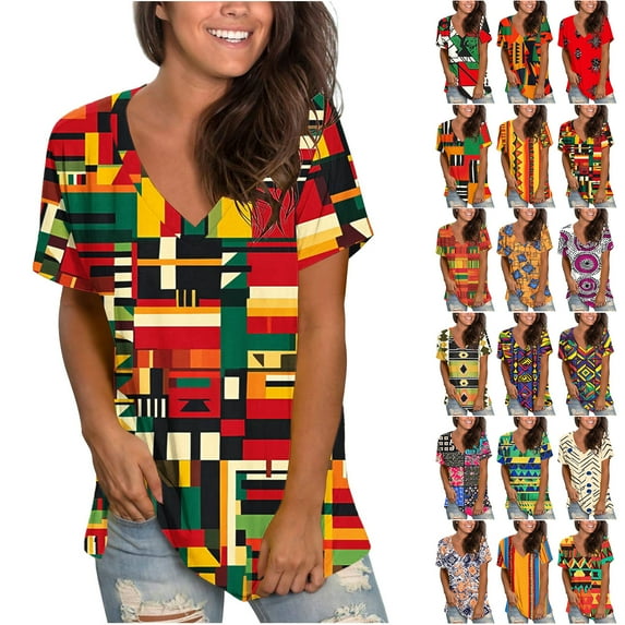 JTZGDY Western Shirts for Women Vintage African Dashiki Print Summer Short Sleeve Casual V Neck Contrast Color Ethnic T-Shirts Trendy Ladies Flowy Tunic Blouse Yellow#02 S