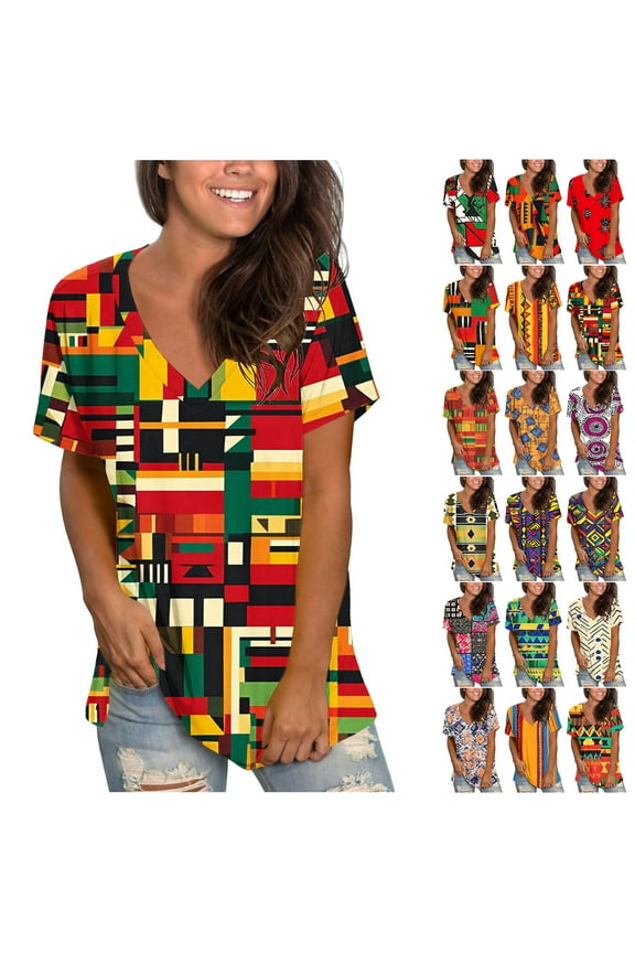 Western Shirts for Women Vintage African Dashiki Print Summer Short Sleeve Casual V Neck Contrast Color Ethnic T-Shirts Trendy Ladies Flowy Tunic Blouse Orange#01 S