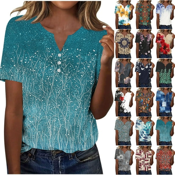 JTZGDY Western Shirts for Women Loose Fit Casual Vintage Floral Printed Summer 3/4 Smoked Cuff Sleeve Button V Neck Henley Tops Blue L