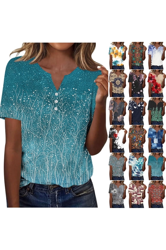 Western Shirts for Women Loose Fit Casual Vintage Floral Printed Summer 3/4 Smoked Cuff Sleeve Button V Neck Henley Tops Green S