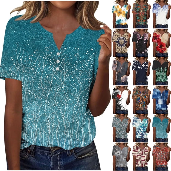 JTZGDY Western Shirts for Women Loose Fit Casual Vintage Floral Printed Summer 3/4 Smoked Cuff Sleeve Button V Neck Henley Tops Light Blue#01 XL