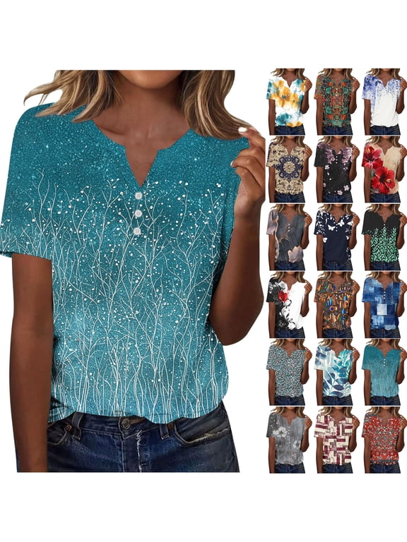 Western Shirts for Women Loose Fit Casual Vintage Floral Printed Summer 3/4 Smoked Cuff Sleeve Button V Neck Henley Tops Multicolor#01 M