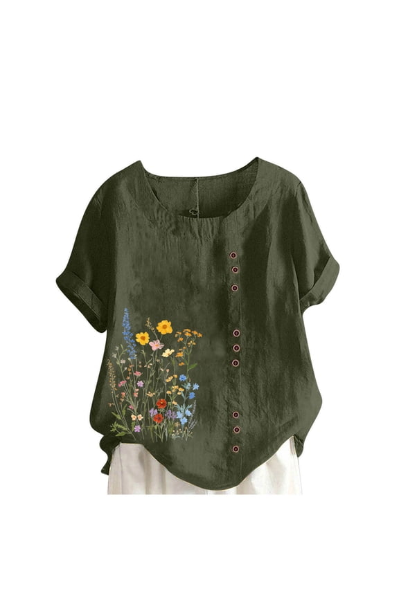 Women Cotton Linen Short Sleeve Shirts Plus Size Summer Boho Floral Print Blouses Loose Oversized Casual Button Decor Tunic Tops Army Green M