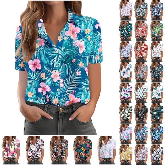 JTZGDY Women Hawaiian Shirt Soft Cool Summer Hawaii Shirts Floral Tropical Print V Neck Collared Beach Vacation T-Shirt Short Sleeve Button Up Lightweight Cardigan Tops Light Blue#03 XL