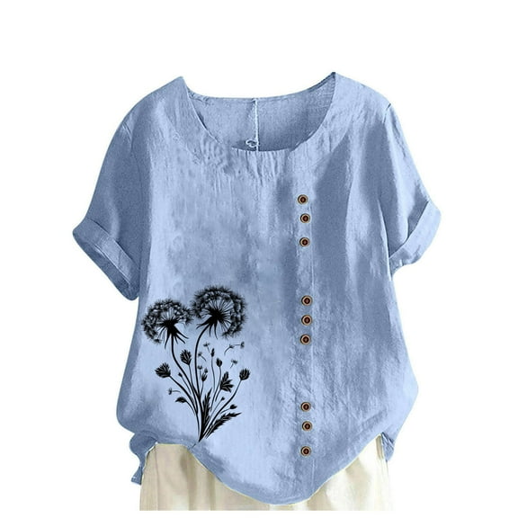 JTZGDY Women Summer Cotton Linen Oversized Tshirt Tops Trendy Dandelion Print Casual Loose Fit Tunic Tee Lady Plus Size Crewneck Blouse Light Blue XXL