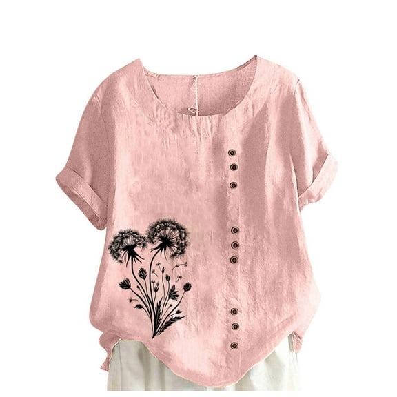 JTZGDY Women Summer Cotton Linen Oversized Tshirt Tops Trendy Dandelion Print Casual Loose Fit Tunic Tee Lady Plus Size Crewneck Blouse Pink XXL