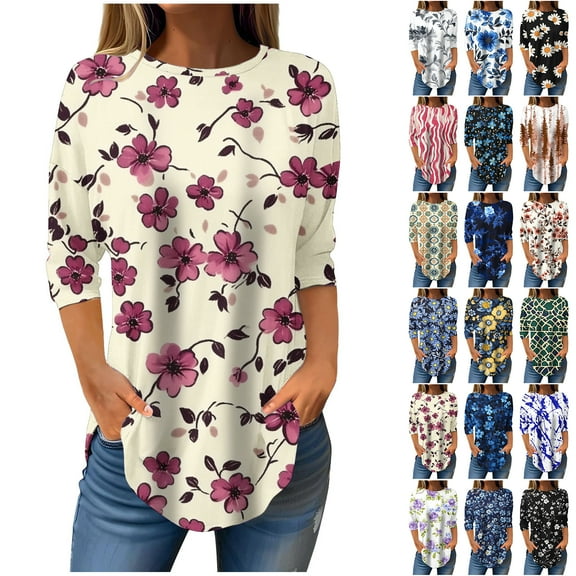 JTZGDY Women Tunic Tops for Leggings Dressy Casual Summer 3/4 Lenght Sleeve Crewneck Floral Graphic T-Shirts Loose Irregular Hem Blouse Multicolor#02 L