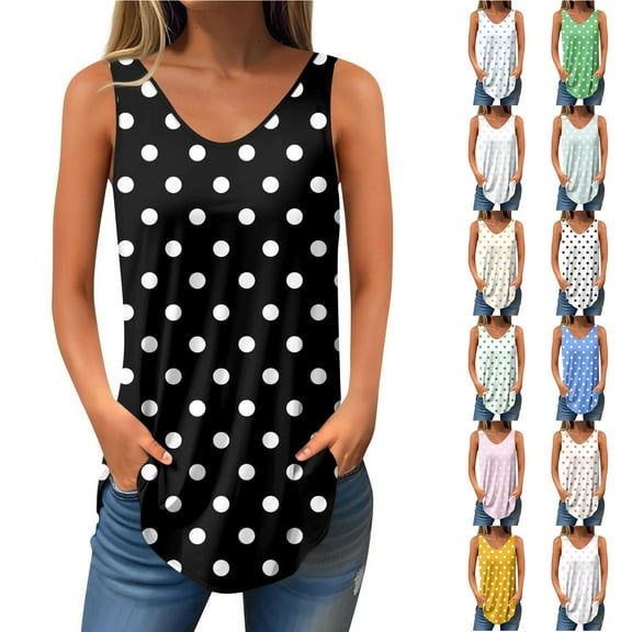 JTZGDY Women's 2025 Summer Tank Tops Dressy Casual Polka Dot Printed Sleeveless Chiffon Blouses V Neck Flowy Tunics Cute Business Work Shirts Blue M
