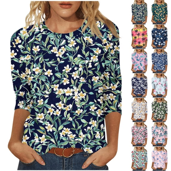 JTZGDY Women's Casual 3/4 Sleeve T-Shirts 2025 Plus Size Crew-Neck Basic Tunic Tops Cute Summer Floral Tees Blouses Loose Fit Business Work Tshirt Tops Green#02 XXXXXL