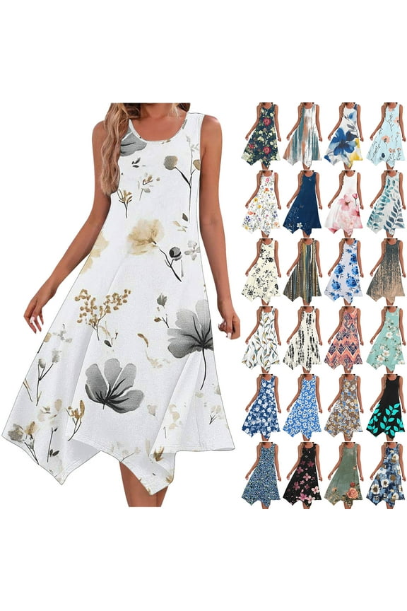Women's Casual Summer Dress Retro Floral Printed Sleeveless Sundress Hankerchief Hem Midi Tank Dresses Loose Flowy Crewneck Beach Dress with Pockets Black#01 M