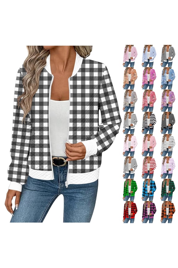 Women's Diamond Quilted Bomber Jacket Casual Plaid/Striped/Tie Dye Print Long Sleeve Full Zip up Mock Neck Waffle Knit Cardigan Outwear Coat C-Dark Gray M