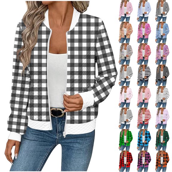 JTZGDY Women's Diamond Quilted Bomber Jacket Casual Plaid/Striped/Tie Dye Print Long Sleeve Full Zip up Mock Neck Waffle Knit Cardigan Outwear Coat C-Dark Gray M