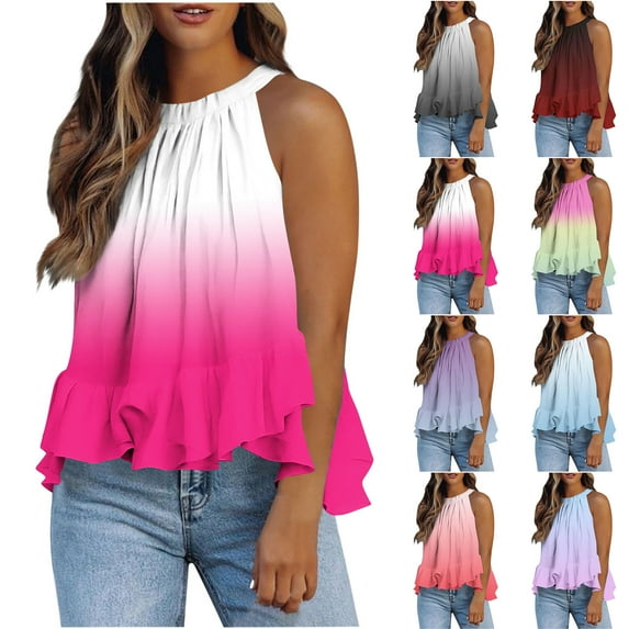 JTZGDY Women's Halter Ombre Tank Top Loose Fit Casual Tie Dye Gradient Printed Summer Pleated Sleeveless Loose Fit Cami Shirts Purple XL