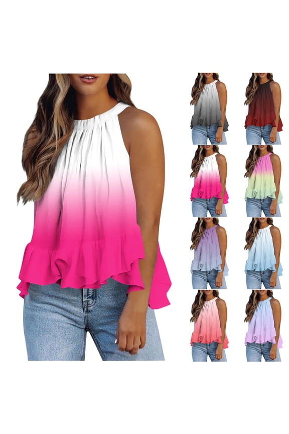 Women's Halter Ombre Tank Top Loose Fit Casual Tie Dye Gradient Printed Summer Pleated Sleeveless Loose Fit Cami Shirts Wine S