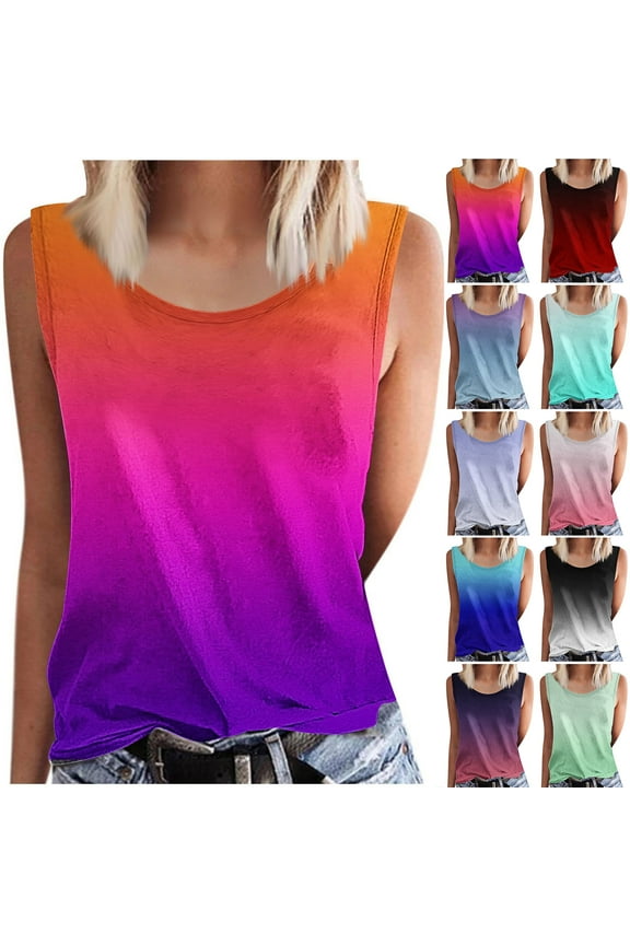 Women's Ombre Graphic Tank Top Loose Fit Crewneck Sleeveless Cami Basic Tees Trendy Summer Beach Vacation Top Shirt Hot Pink S